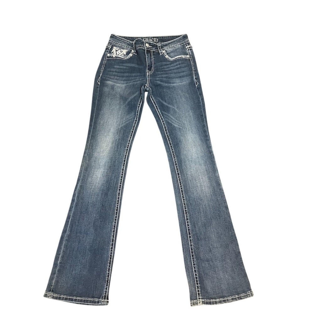 Grace in LA Jeans Womens Size 28 Blue Dark Wash Bootcut Mid Rise Bling
